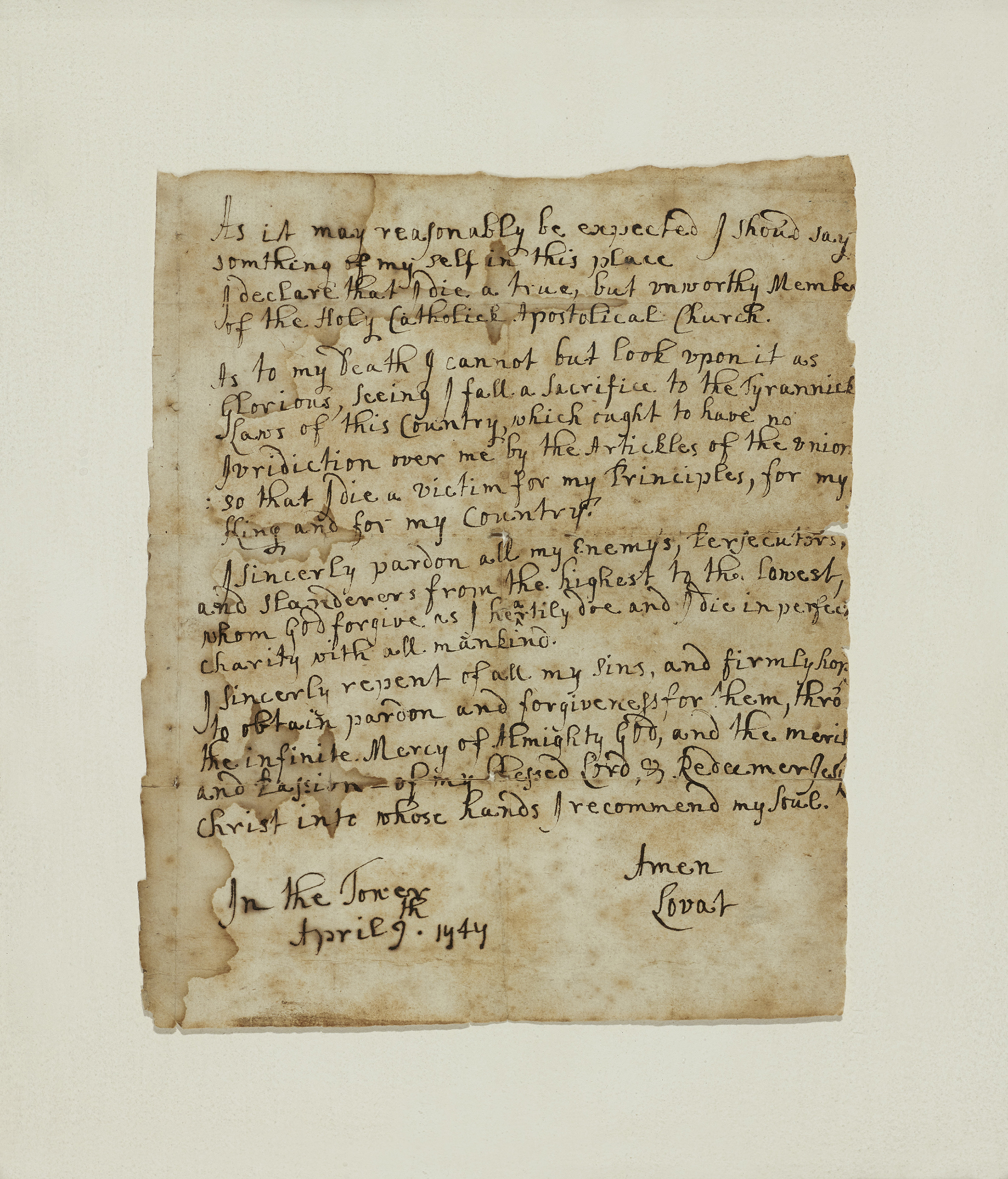 Lovat’s last letter, written from the Tower